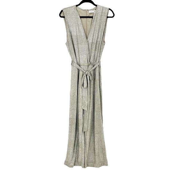 BISHOP + YOUNG JUMPSUIT Women's Size Large METALLIC SILVER Sleeveless Front Tie - Picture 1 of 7